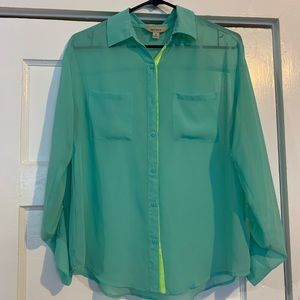 Sheer green/blue medium long sleeve button up shirt work interview meeting
